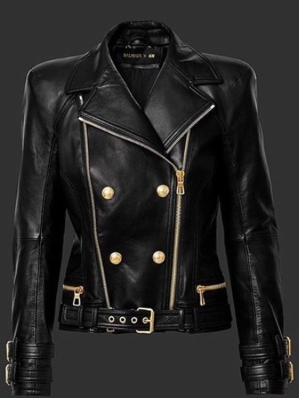 Balmain Black Leather Double-Breasted Jacket with Gold Hardware
